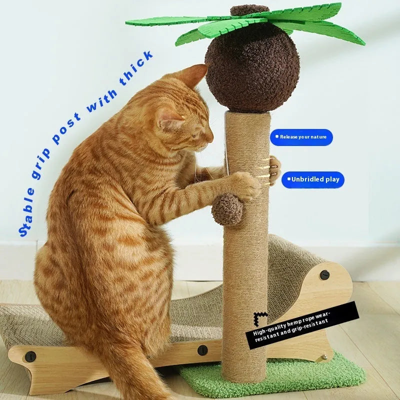 Wooden beach chair cat bed with integrated hemp mat scratch board and chamfered legs.