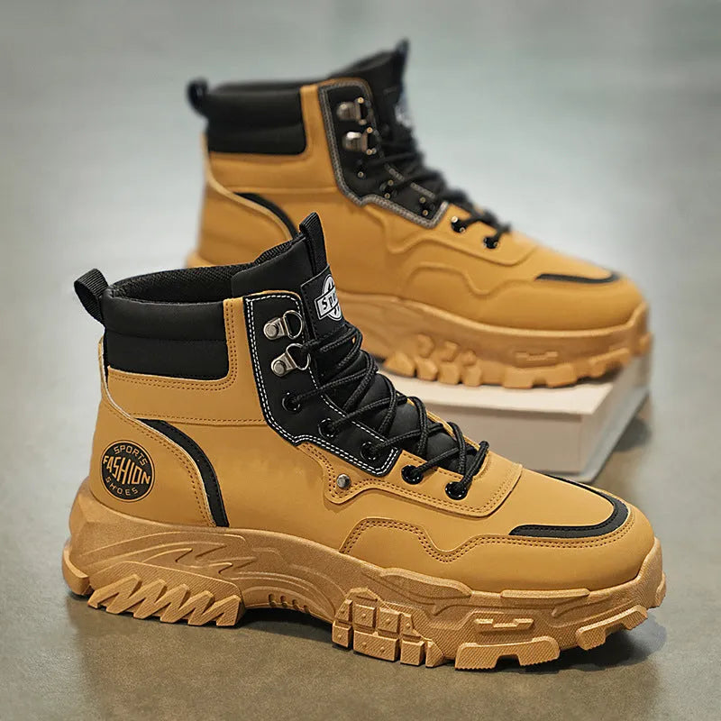 Men's black and yellow mid-calf Martin boots with an artificial PU upper and stout heel.