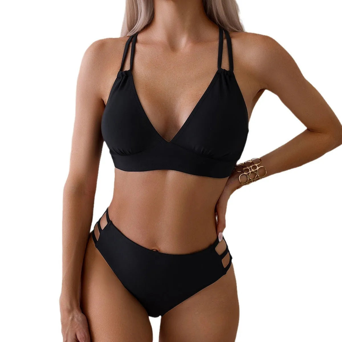 Women's V-neck halter bikini swimsuit in nylon fabric on mannequin