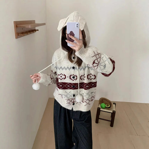 Grey geometric pattern brocade sweater coat for women, loose plus-size fit.