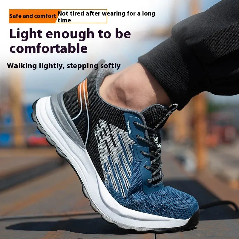 Blue men's low-top safety work shoes with lace-up front and plastic safety toe cap.