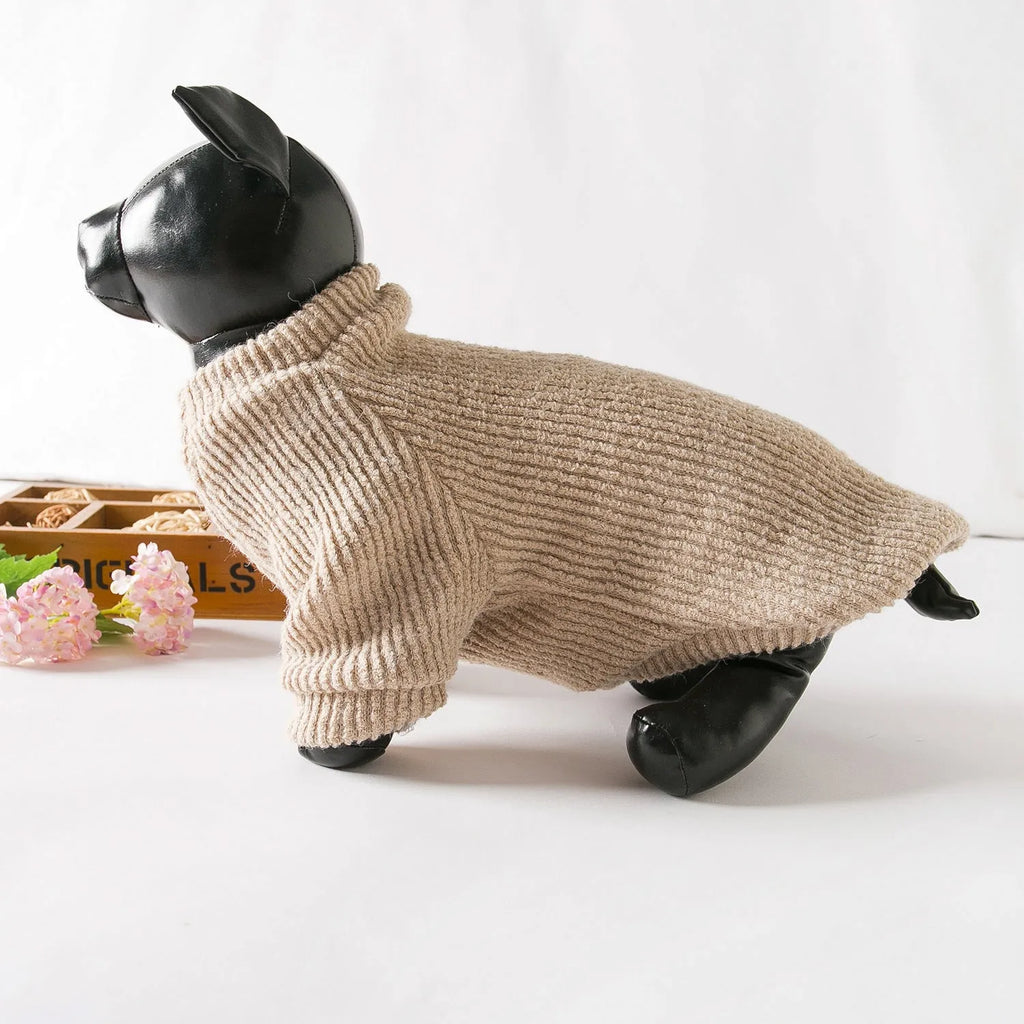 Brown cloth dog sweater pullover on a small dog, showing casual style.