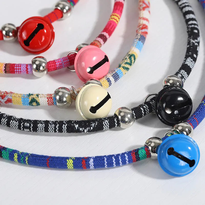 Ethnic style pet collar with bell necklace in colourful band design for cats and small dogs