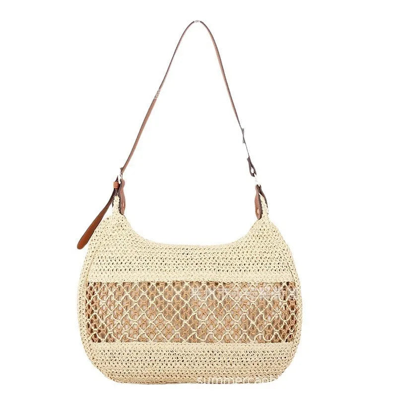 Women's casual straw cross body bag in horizontal square shape with sandwich pocket design