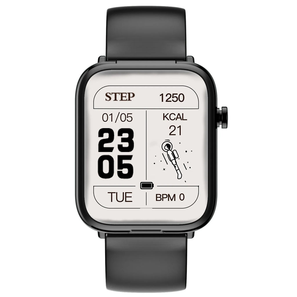 Black smartwatch with touch display and separate Bluetooth earpieces showing heart rate monitoring and call functions