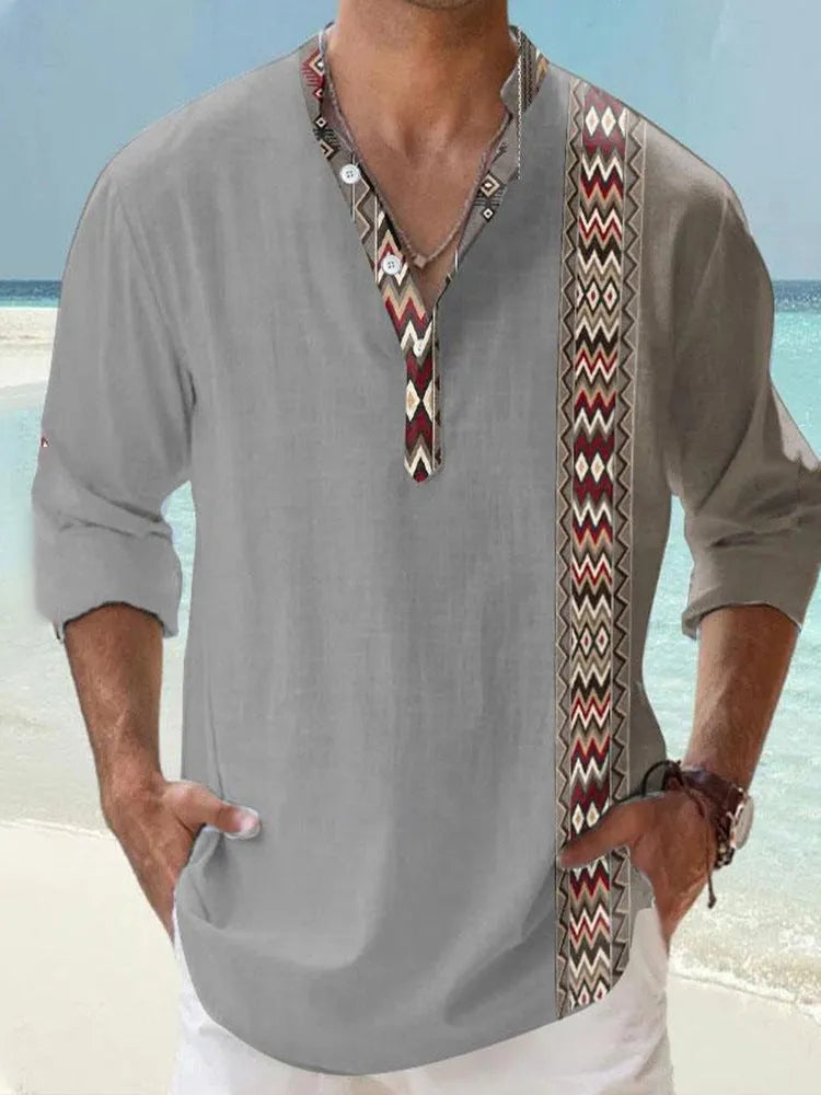Thin casual Hawaiian-style shirt with digital bamboo linen stripes and long sleeves