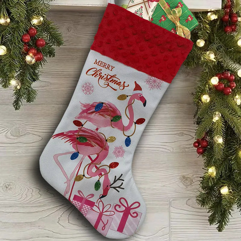 Flamingo-themed cloth Christmas stocking measuring 46 by 28 centimetres