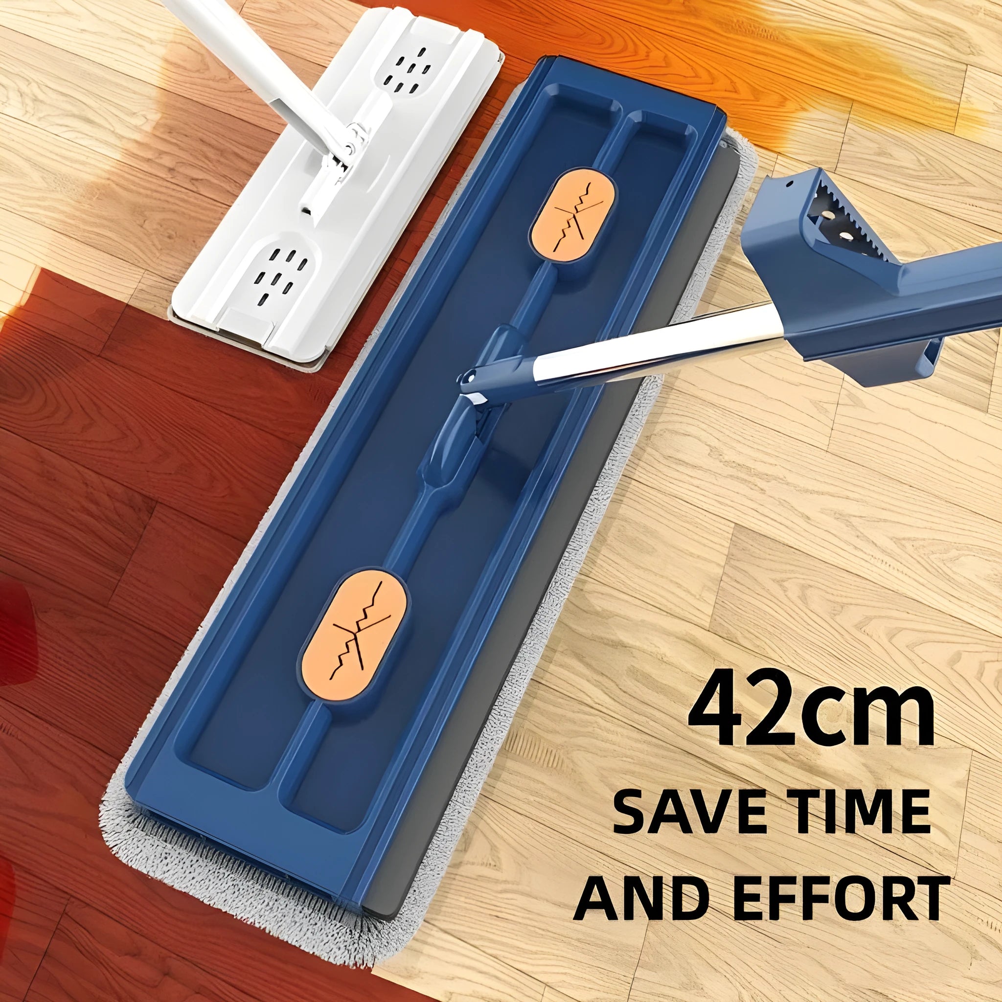 Large flat mop with long stainless steel handle and blue cleaning cloth on a hard floor.