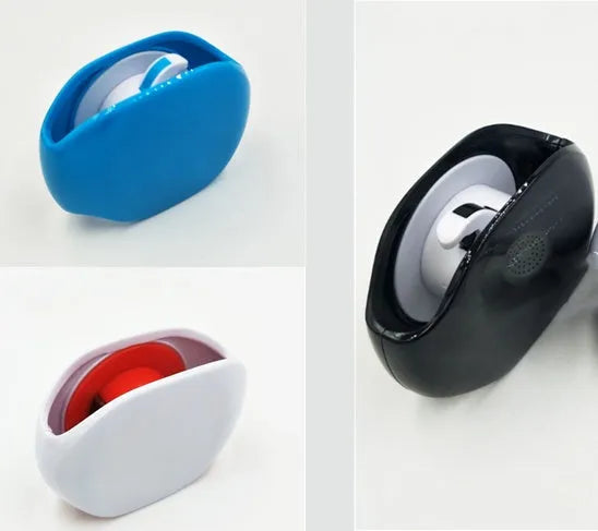 Automatic push-button earphone cable winder reel in assorted colours on a white background.