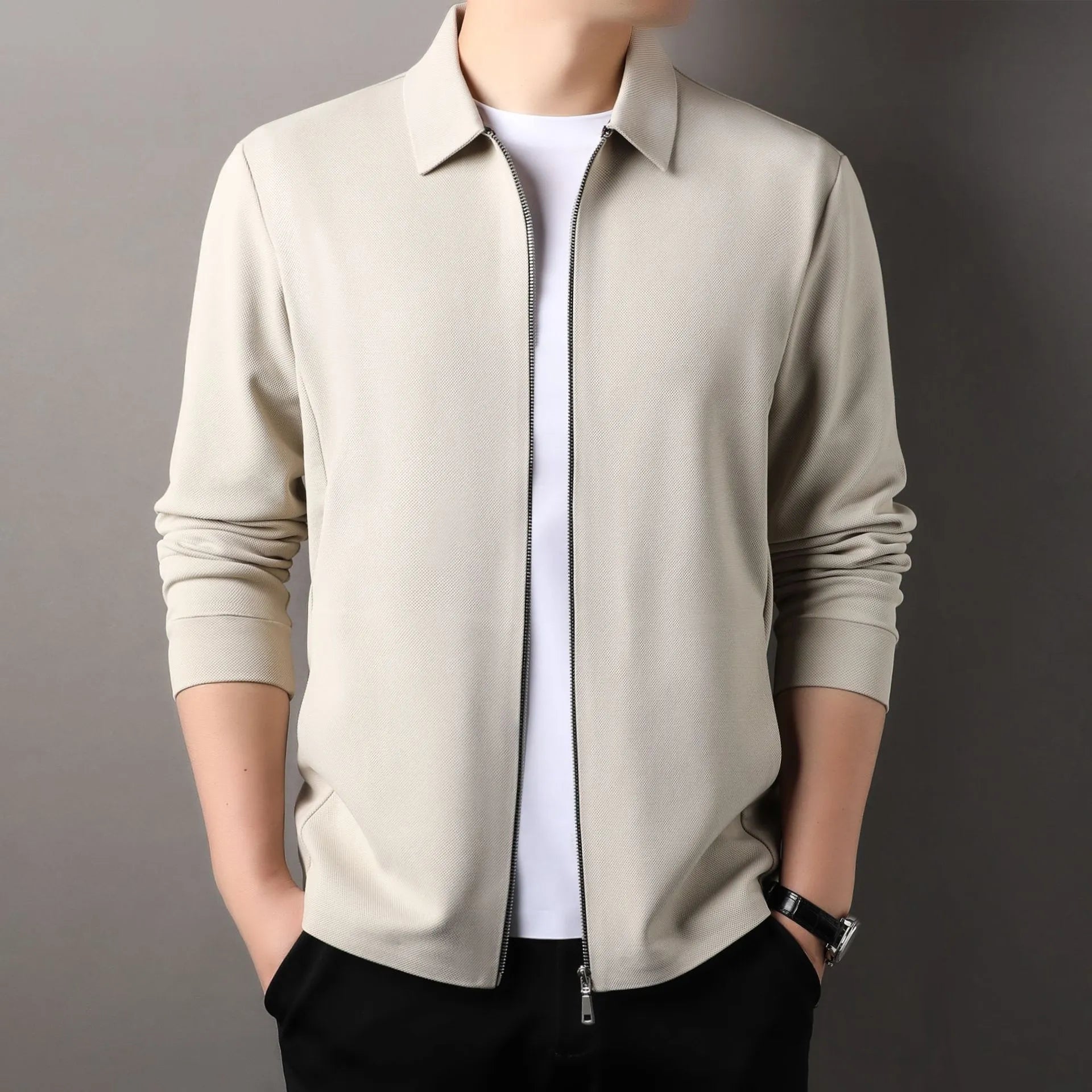 Men's polyester casual business jacket in black, dark grey or apricot with straight hem