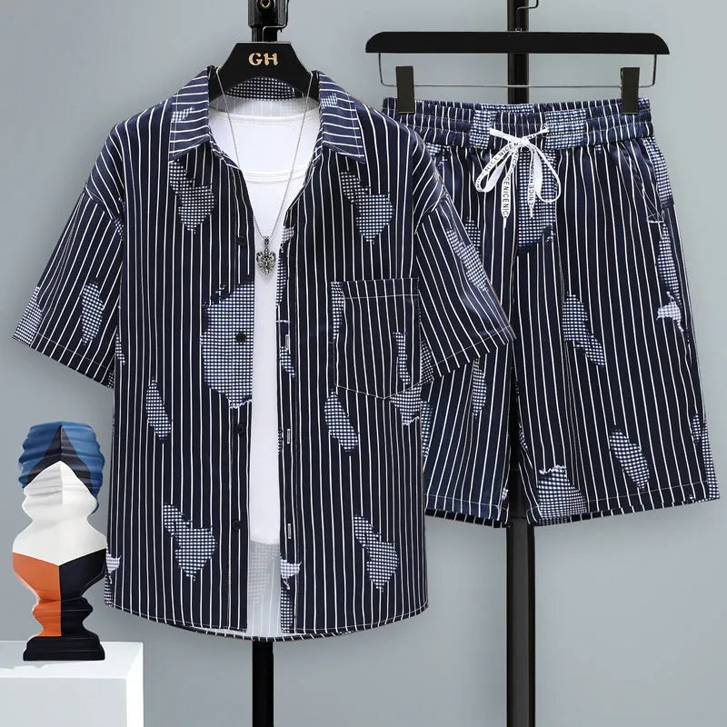 Men's casual sportswear two-piece set with short sleeve top and matching shorts in polyester fabric