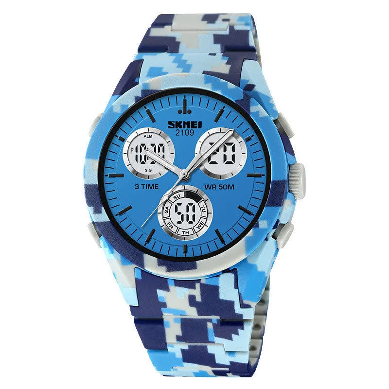 Electronic casual watch with camouflage patterned strap and resin mirror face, showing stainless steel button.