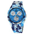 Electronic casual watch with camouflage patterned strap and resin mirror face, showing stainless steel button.