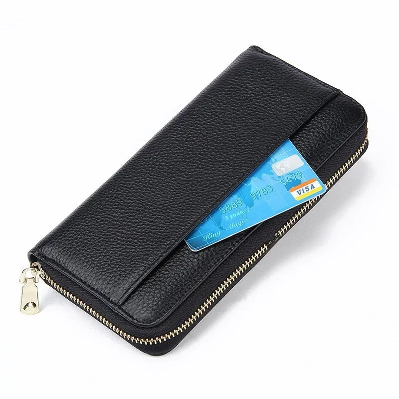 Women's genuine leather long wallet in solid colour with large capacity and anti-theft card swipe