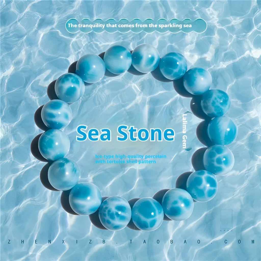 Blue natural crystal sea-pattern stone and Bodhi seed bracelet with pearl accents in Maillard style.
