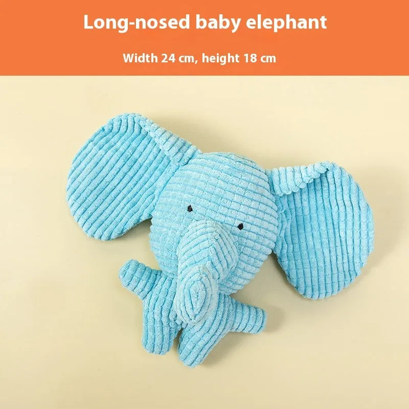 Assorted plush pet chew toys including a blue elephant, a duck, and a donkey in different colours