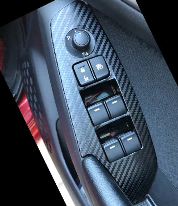 Set of 4 TPU protective films for car door glass switch panels in transparent, carbon fibre black, and matte black finishes
