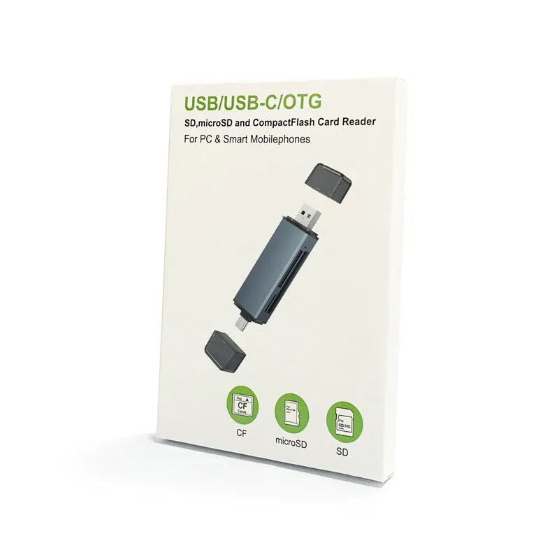 Compact aluminium alloy CF, SD, and TF three-in-one memory card reader with USB and TYPE-C cables.