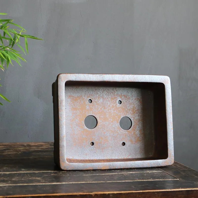 Purple sand rectangular bonsai planter with firewood burnt texture, shown in large and small size options.