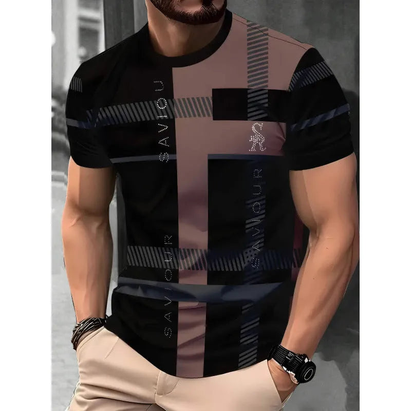 Man wearing a loose-fit short-sleeved T-shirt with a digital 3D printed stripe pattern in a casual setting.
