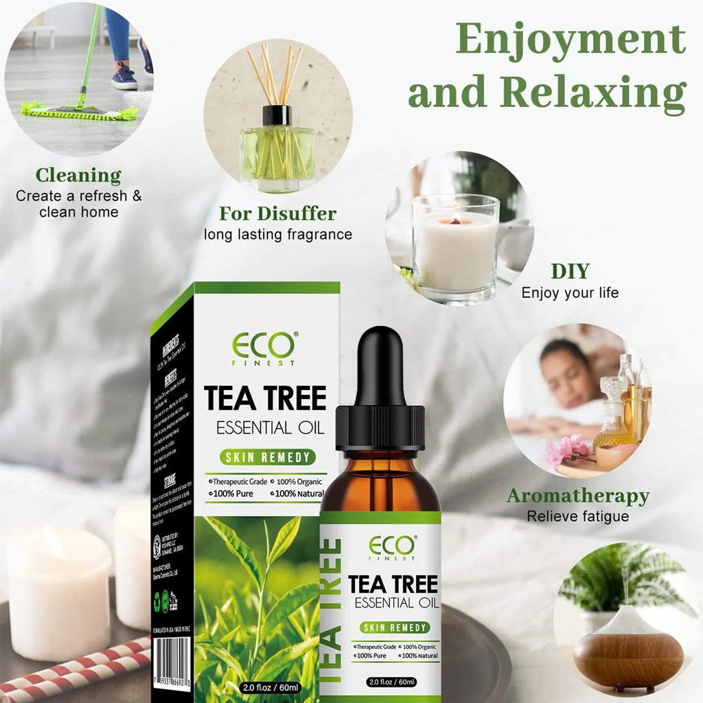 60ml glass bottle of tea tree essential massage oil for facial and skincare treatment.