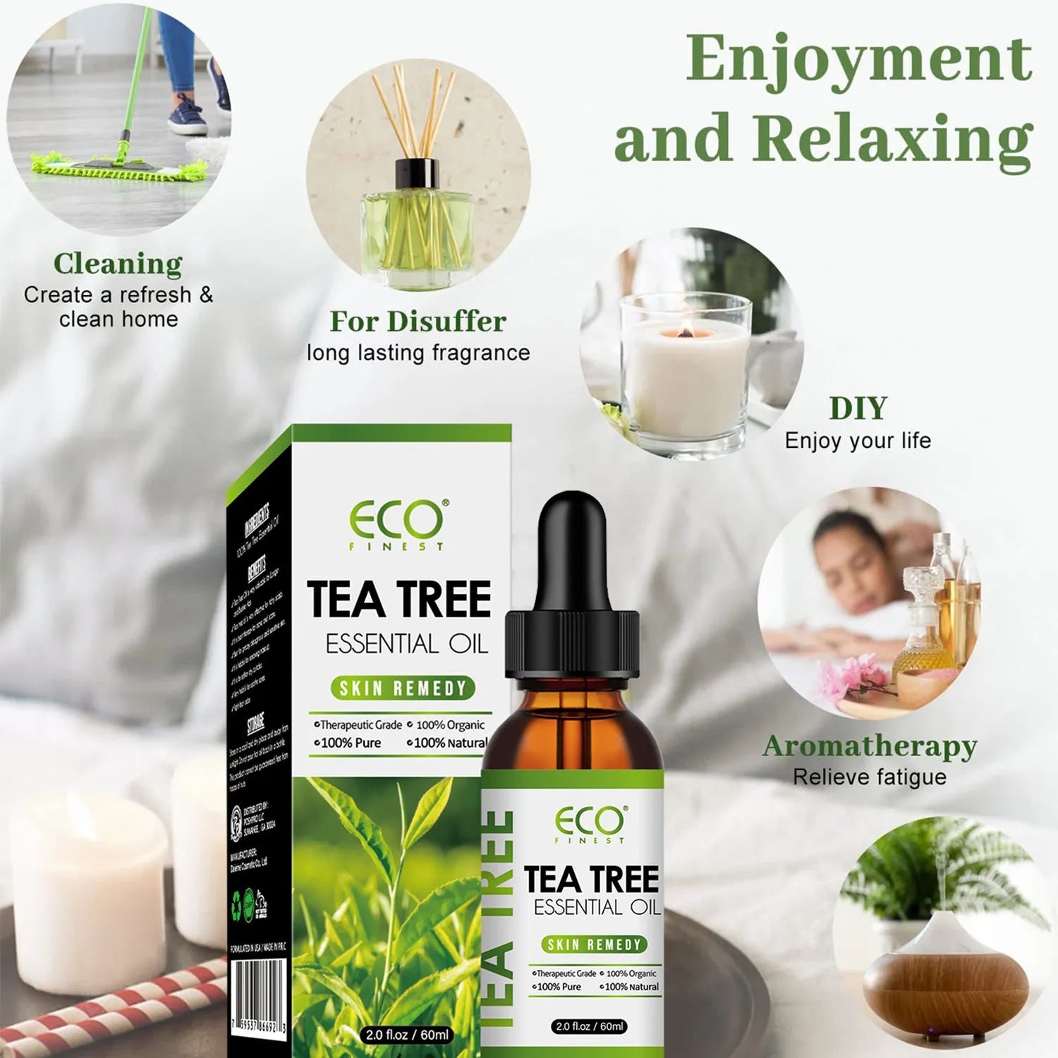 60ml glass bottle of tea tree essential massage oil for facial and skincare treatment.