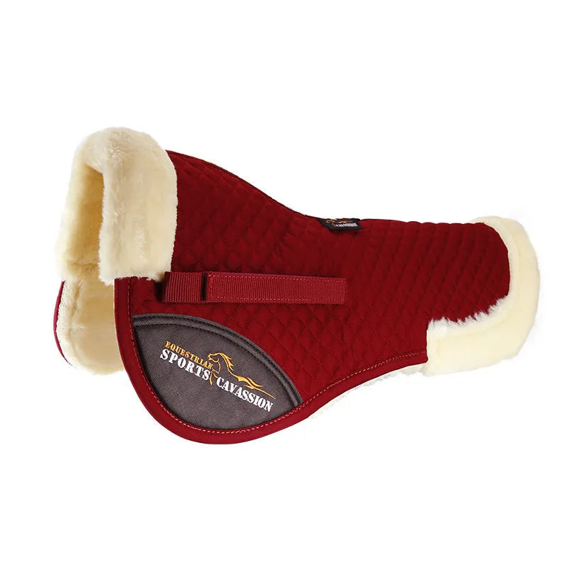 Equestrian riding saddle pad in wool blend with shock absorption foam for waist protection.