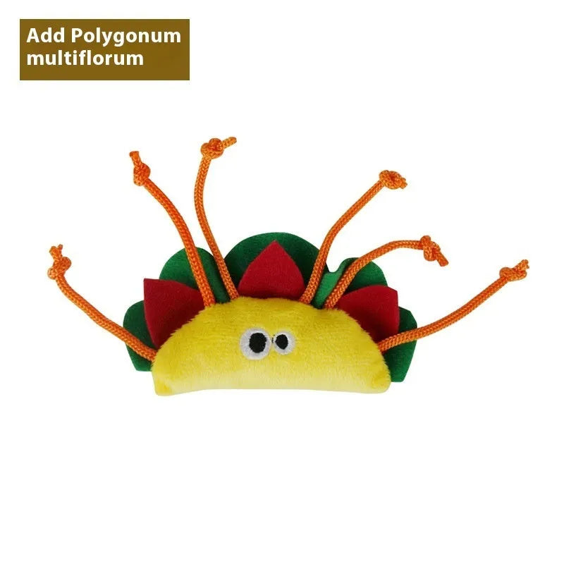 Catnip plush pillow containing wooden insert for cat dental chewing, available in six shapes