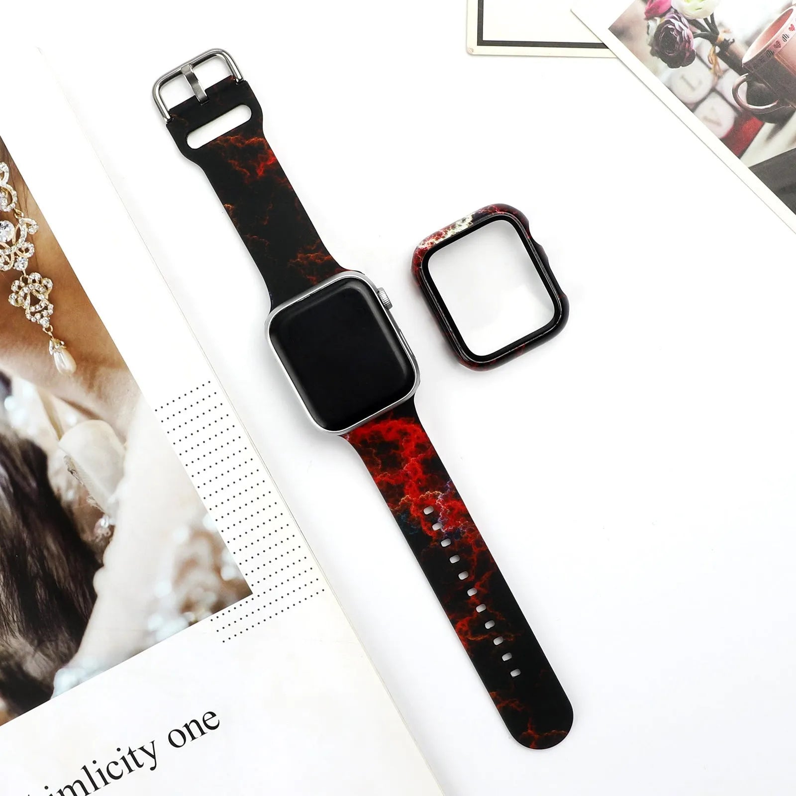 Printed silicone watch strap for Apple Watch showing various design options