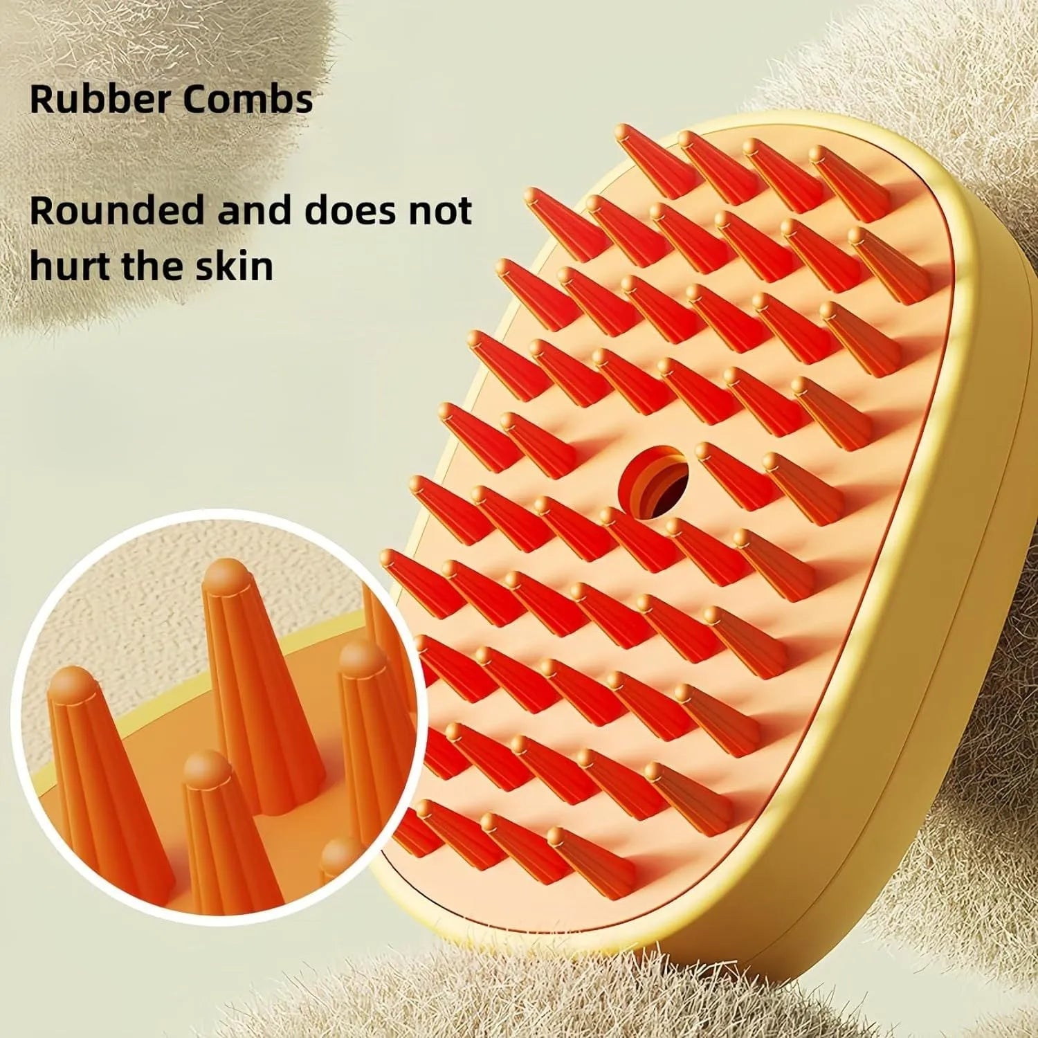 White or yellow pet steam brush with rubber teeth, water tank, and ergonomic handle for grooming dogs and cats