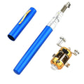 Portable telescopic fishing rod and reel kit collapsed in aluminium pen case with colour options displayed