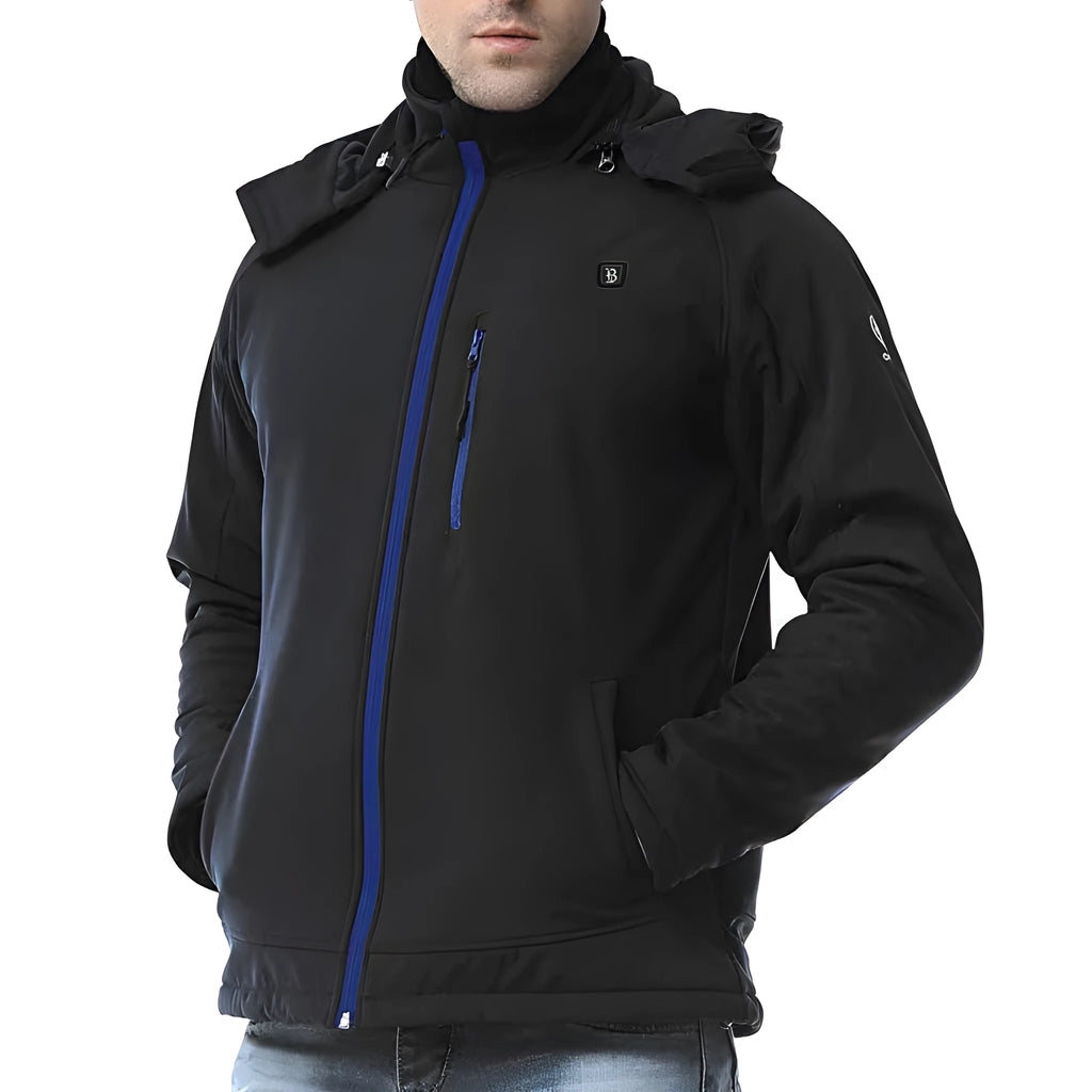 Black USB heated waterproof winter coat for men with straight hem and zipper pockets