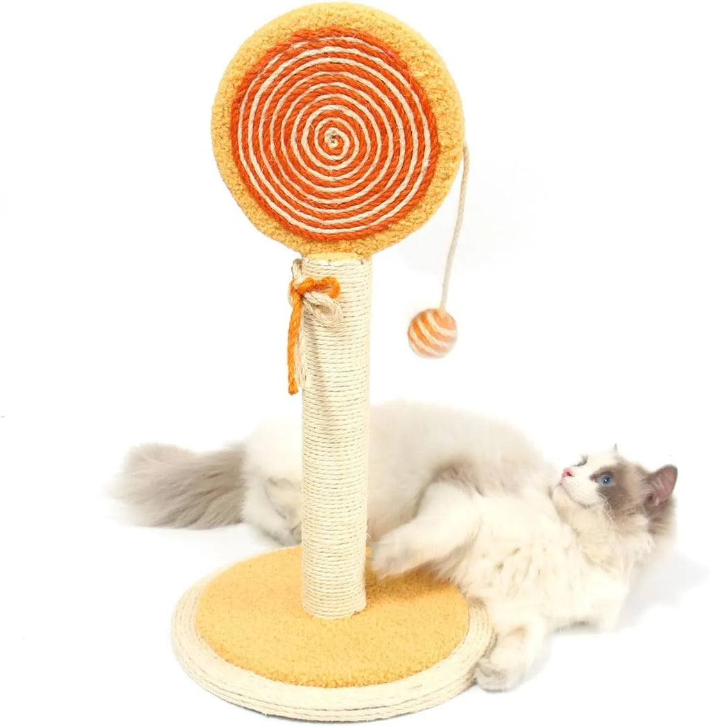 Blue cat scratching post with natural sisal rope and a hanging yellow ball on a sturdy wooden base.