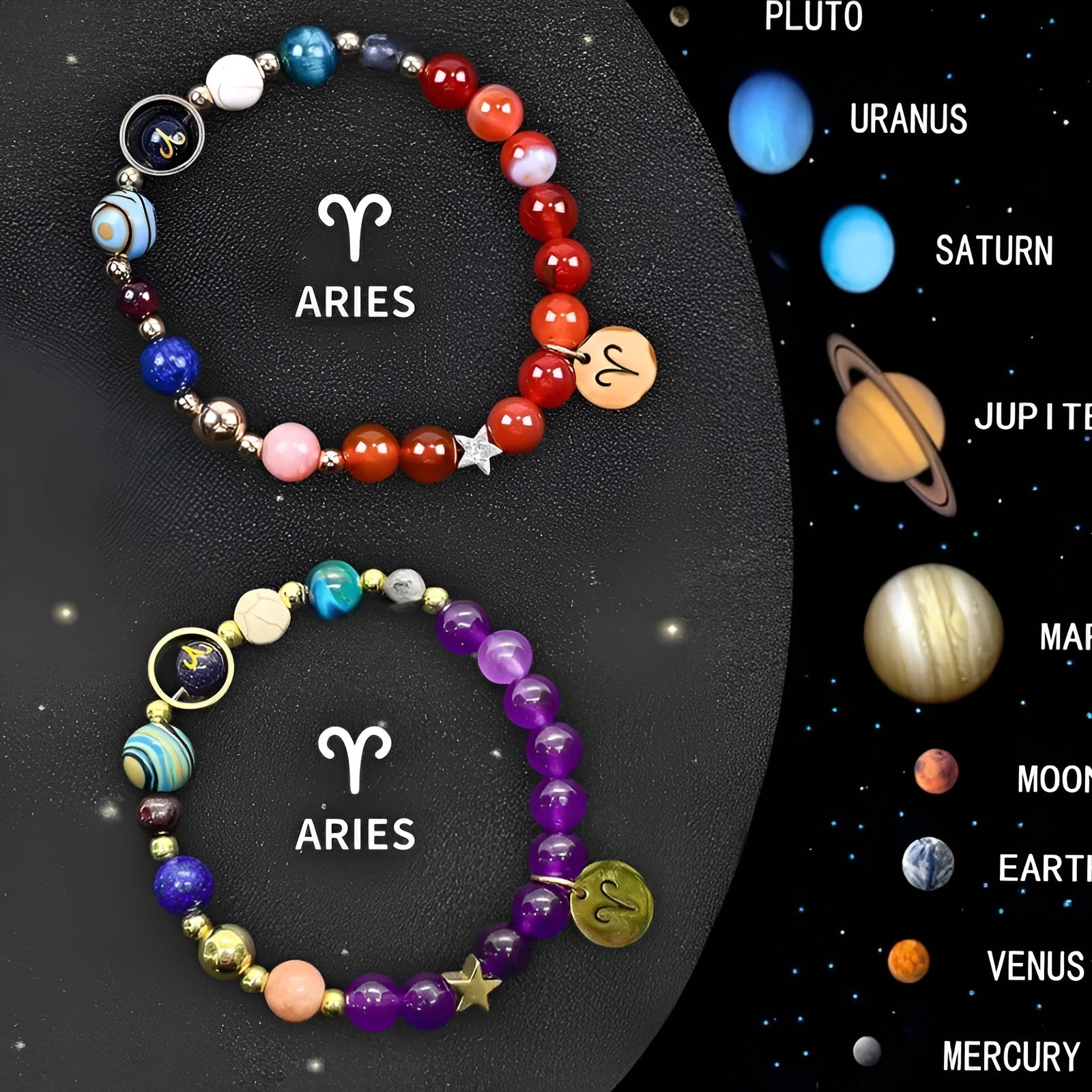 Natural stone beaded zodiac bracelet set showing twelve astrology constellation designs with adjustable cord