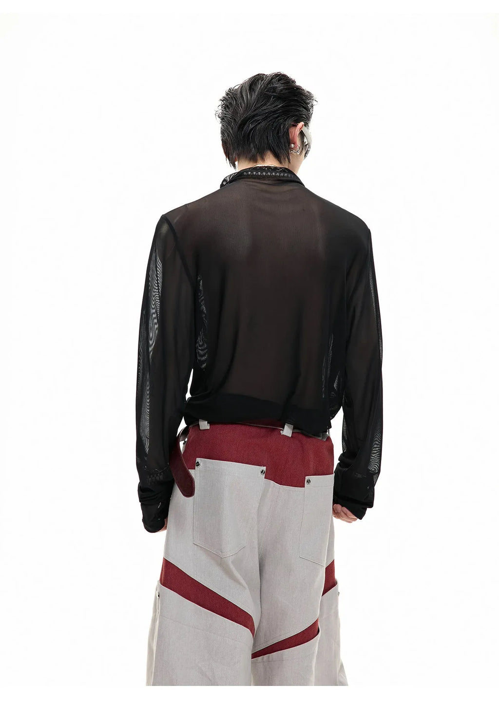 Man's black slim-fit long sleeve mesh shirt for gym wear and training.