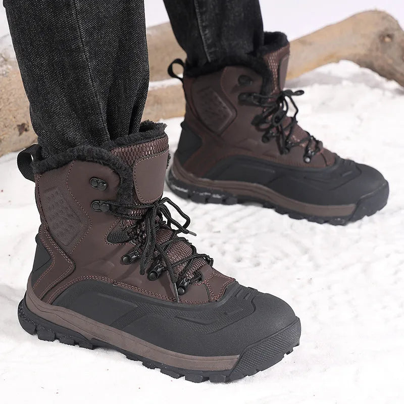 Men's black fleece-lined high-top lace-up boots with a flat heel on a ribbed sole