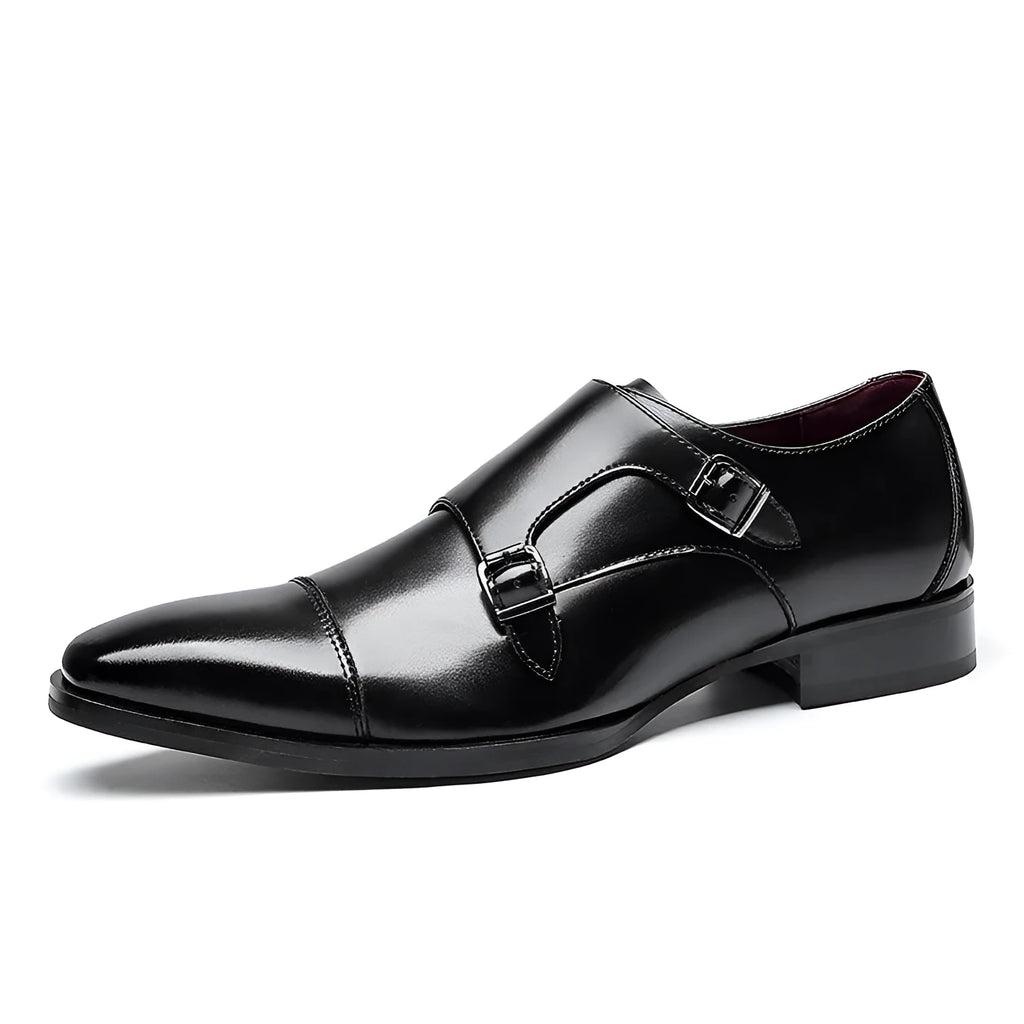 Men's black leather business shoes with square toe and rubber sole in British gentleman style