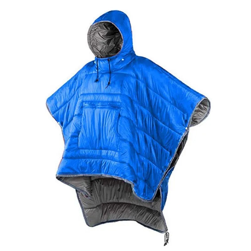 Army Green outdoor cloak sleeping bag with 200x140cm dimensions shown in convertible format