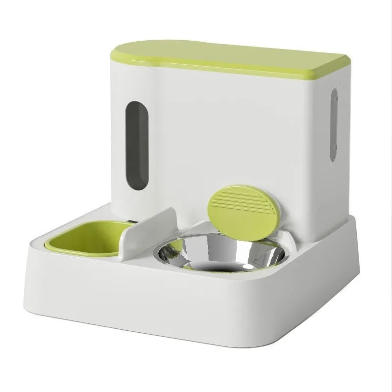 Grey automatic cat feeder and water dispenser double bowl unit on floor
