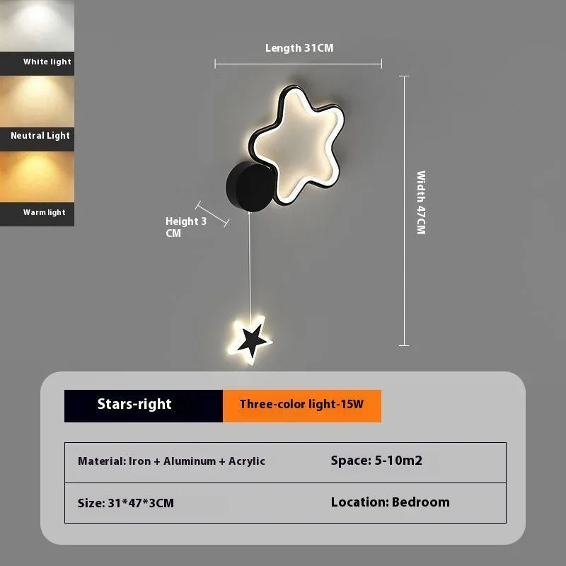 Children's bedside wall lamp with cloud and star design in black finish showing three-colour LED illumination