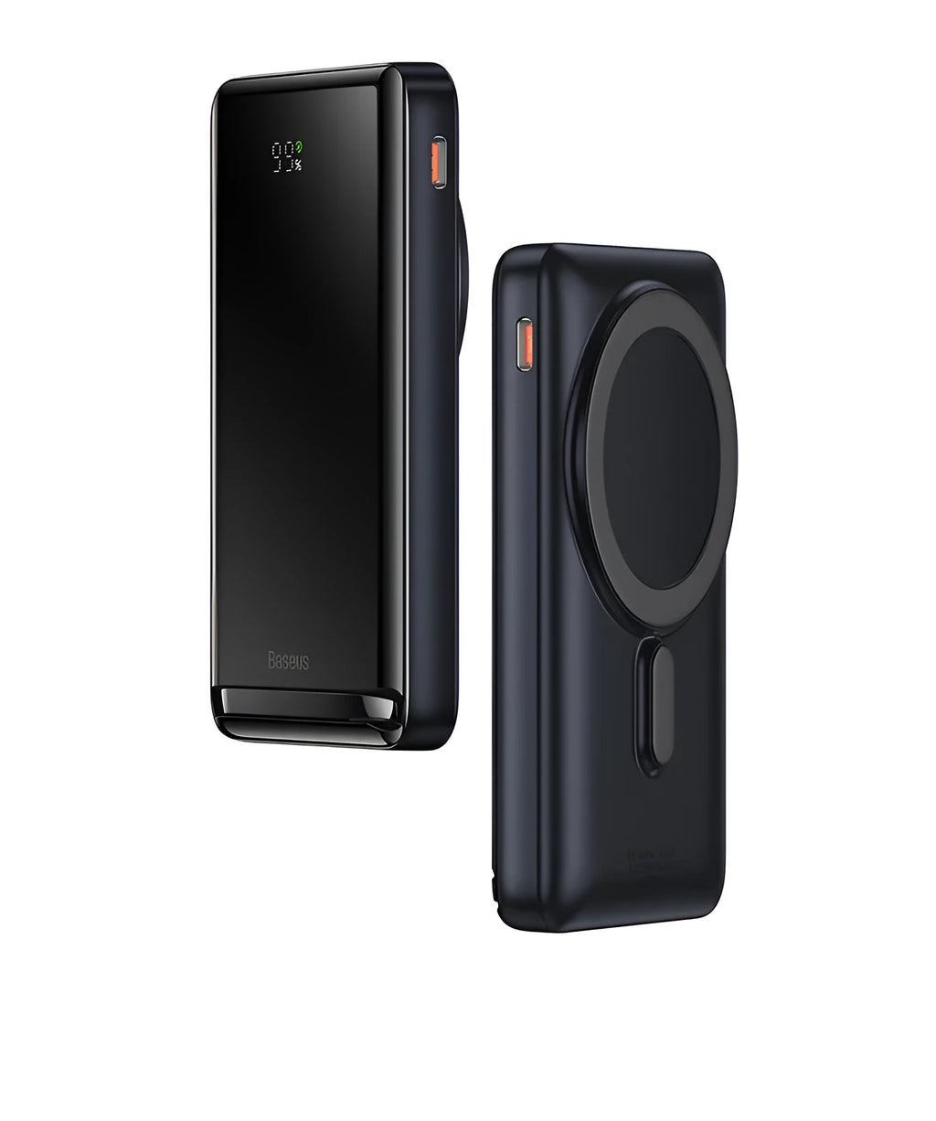 Slim blue 3-in-1 magnetic wireless power bank showing dimensions and charging cable