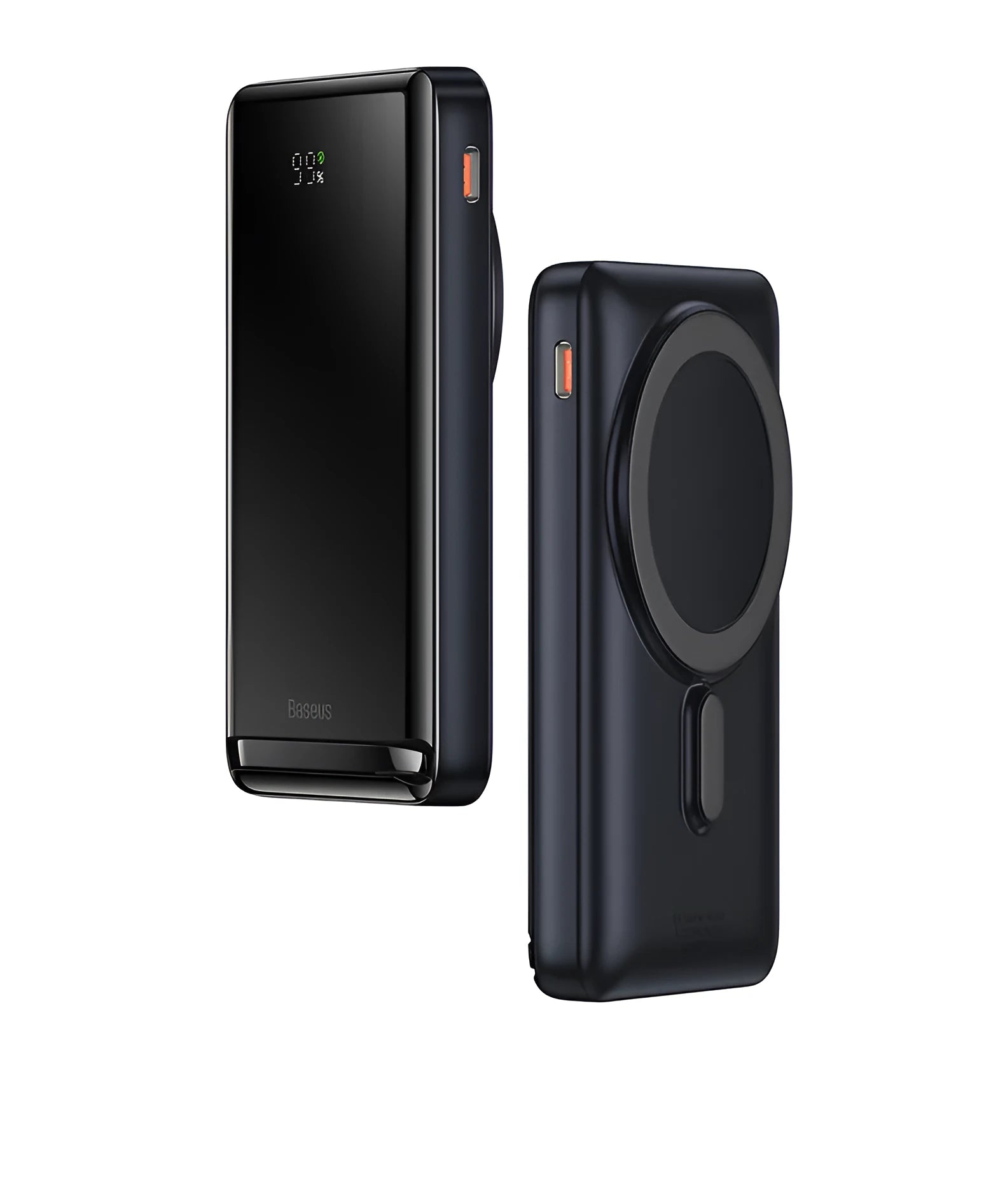 Slim blue 3-in-1 magnetic wireless power bank showing dimensions and charging cable