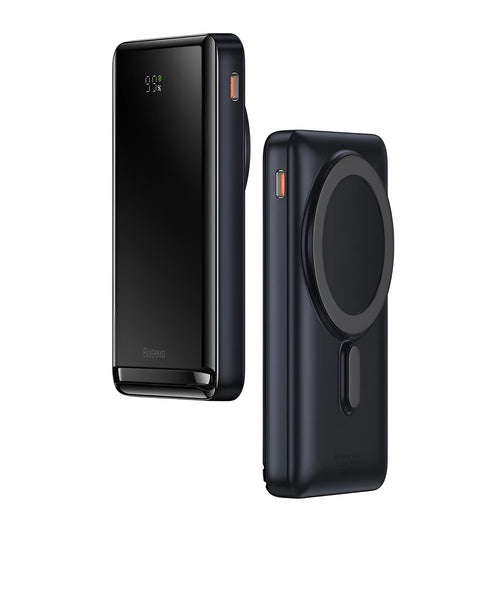 Slim blue 3-in-1 magnetic wireless power bank showing dimensions and charging cable