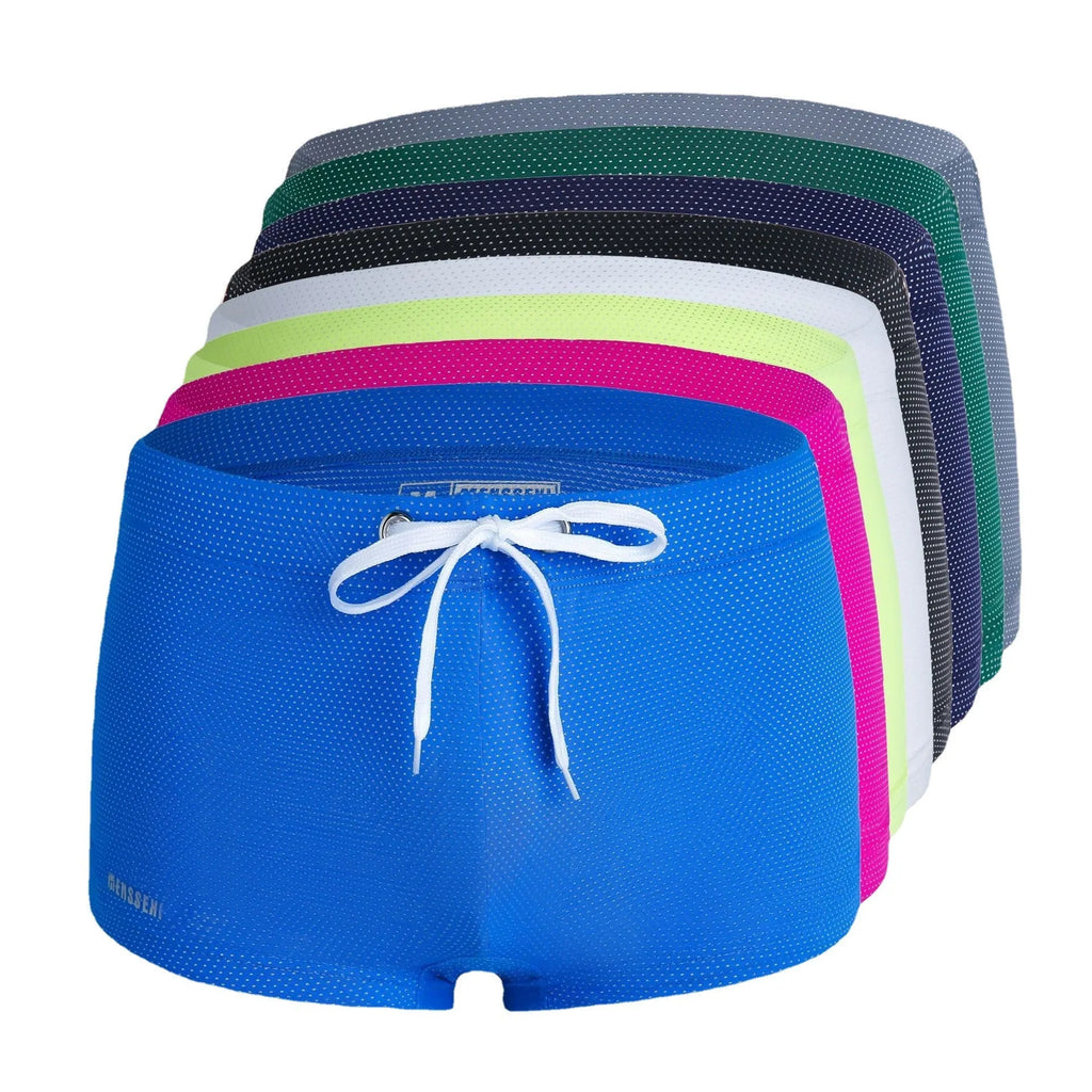 Men's white lace nylon swimming trunks with low waist boxer design for swimming and hot springs