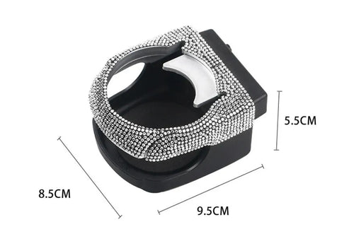 Rhinestone-decorated car cup holder bracket mounted on vehicle air vent in multiple colour options