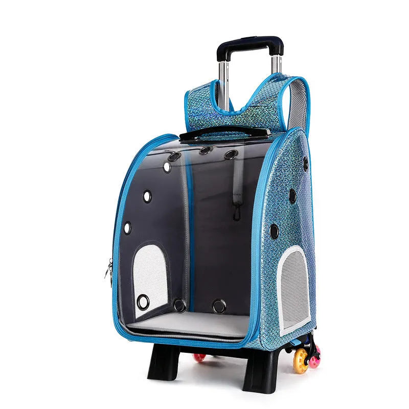 Transparent pet trolley bag with folding shoulder design in Oxford cloth with acrylic viewing cover