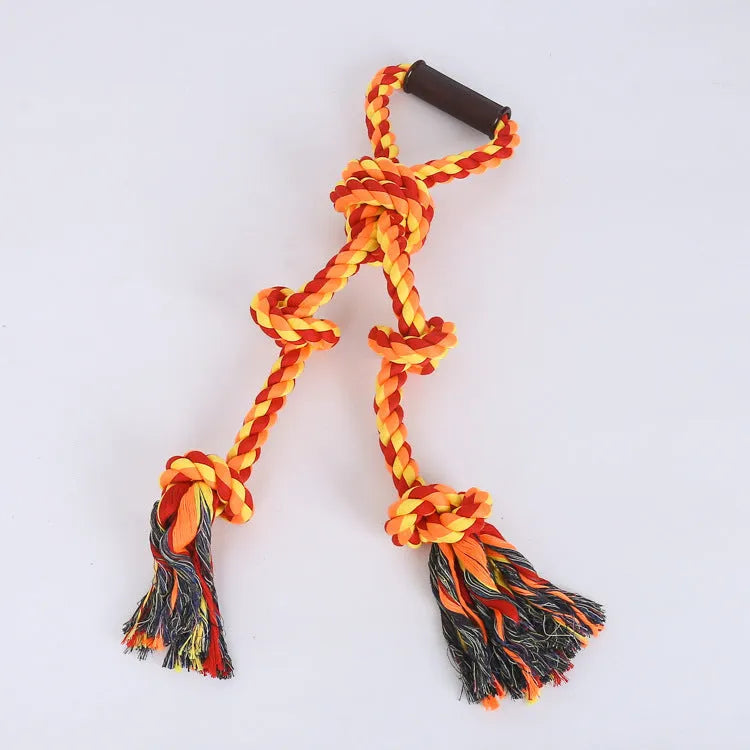 Blue and yellow cotton dog rope toy with non-slip handles for large breed aggressive chewers