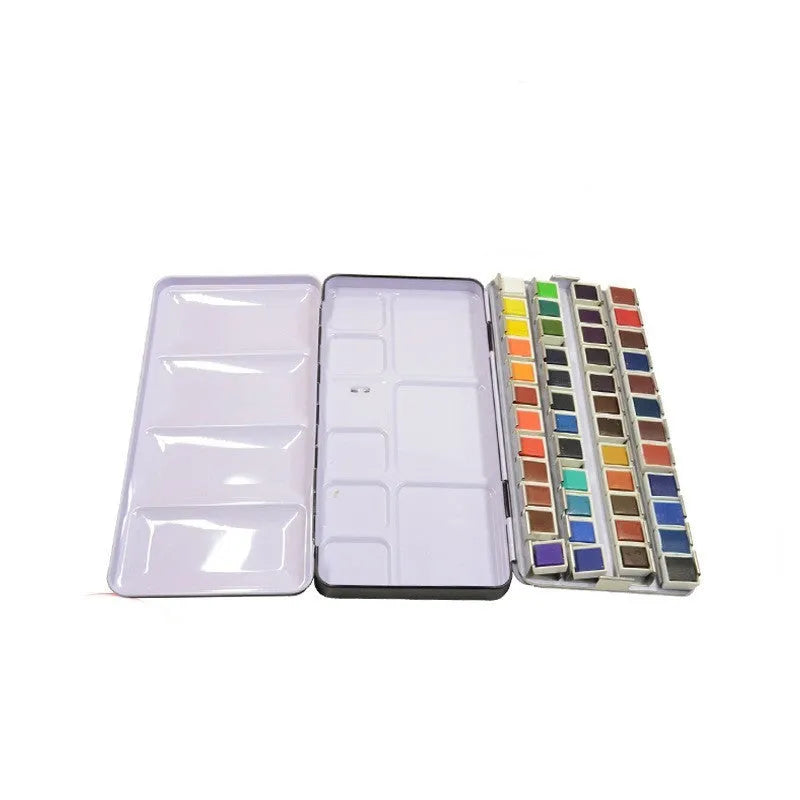 Square tinplate metal paint box for solid watercolour pigments in three folding sizes.
