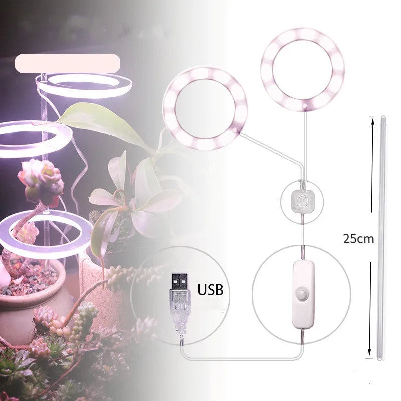 USB-powered LED plant grow light with full spectrum yellow LEDs, acrylic mounting stick, in pink/white colour.