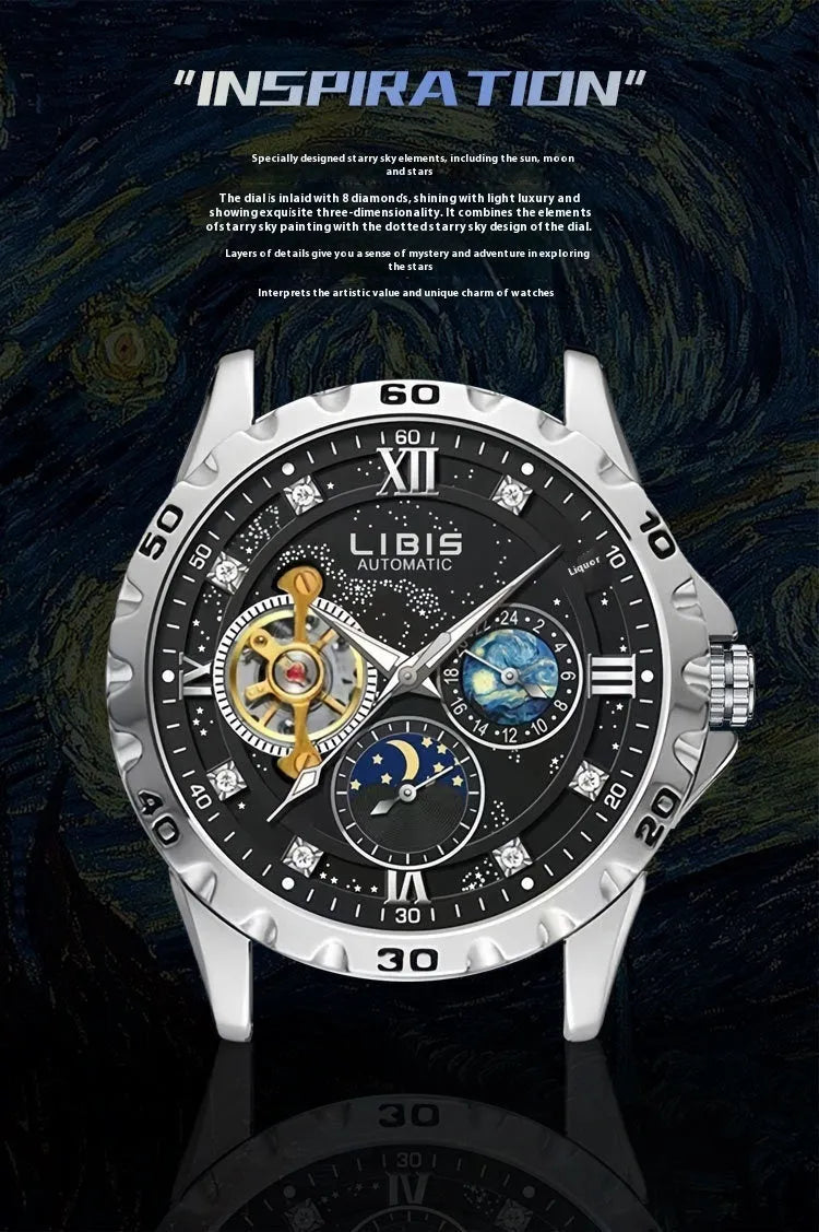 Men's silver case automatic mechanical watch with black steel belt and luminous waterproof features